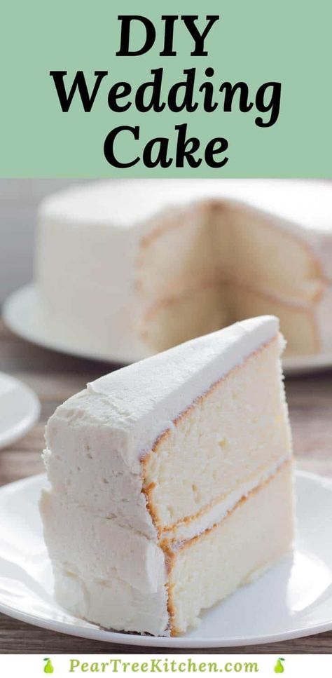 White Wedding Cake - Delicious white cake with white buttercream icing. Tastes like an old-fashioned white wedding cake. Perfect recipe for those who want to make their own cakes! #recipes White Cake With Buttercream Frosting, Wedding Cake At Home, Wedding Cake From Box Cake, Wedding Cake Recipes From Mix Boxes, Traditional Wedding Cake Recipe, Moist White Cake Recipe From Scratch, Easy White Cake Recipe 3 Ingredients, Large White Wedding Cake, White Wedding Cake Recipe With Box Cake