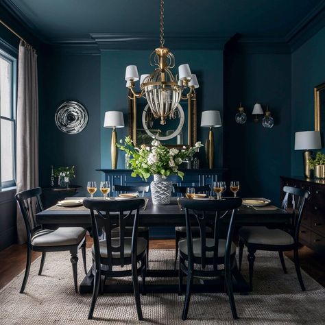 13 Stunning Dining Room Layout Ideas You Need to Try 6 Green And Navy Dining Room, Dark Blue Dining Room Ideas, Teal Dining Rooms, Blue Dining Room Ideas, Dining Room Layout Ideas, Moody Dining Room Ideas, Teal Dining Room, Dark Blue Dining Room, Dining Room Teal