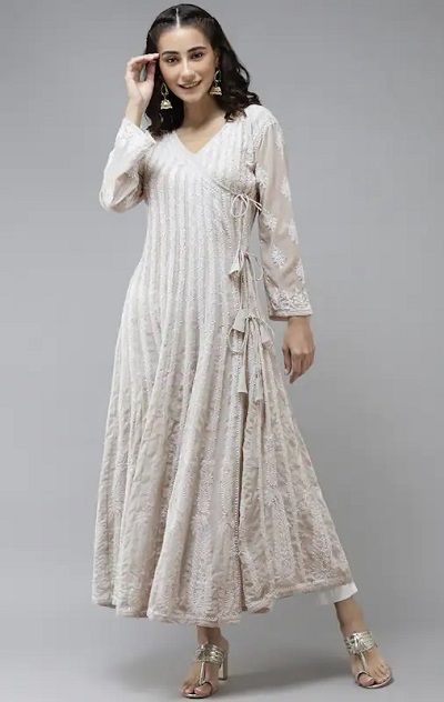 Angrakha Kurta For Women, Chikankari Anarkali Kurta, Kurta Designs For Women, White Angrakha, Angrakha Style Kurti, Angrakha Anarkali, Angrakha Dress, Chikankari Anarkali, Nykaa Fashion