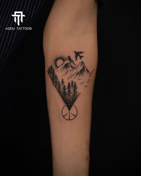 Travel Tattoo Small Men, Mountain And Cactus Tattoo, Aviation Tattoos For Men, Calf Tattoos For Guys, Aviation Tattoos, Hiking Tattoos, Aviation Tattoo, Motivation Playlist, Sketchy Tattoo