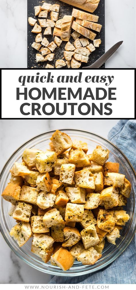 Learn how to make homemade croutons that are crunchy, flavorful, and so much better than anything store-bought. These are perfect for using in salads, soups, stuffing, and more! Crouton Recipe, How To Make Croutons, Crouton Recipes, Diy Easy Recipes, Croutons Homemade, Stale Bread, Healthy Salad, Bread Machine, Croutons