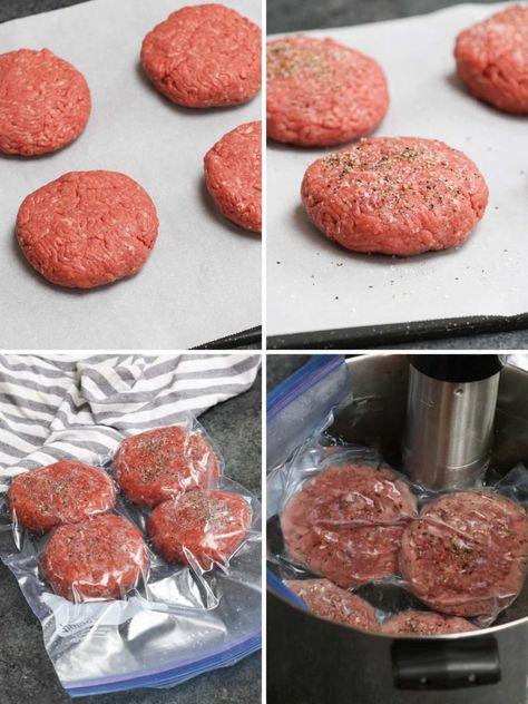 Sous Vide Burgers Recipe, Make Ahead Sous Vide Meals, Sous Vide Ground Beef, Sous Vide Hamburger Patties, Anova Sous Vide Recipes, Sous Vide Recipes Beef, Sous Vide Burgers, Sous Vide Cooking Times, Instant Pot Sous Vide