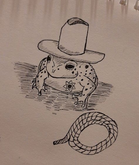 Frog In Cowboy Hat Drawing, Frog Wearing Hat Tattoo, Drawing Cowboy Hats, Frog In Cowboy Hat Tattoo, Bull Frog Drawing, Cowboy Frog Drawing, Space Cowboy Drawing, Frog With Hat Tattoo, Frog With Cowboy Hat Tattoo