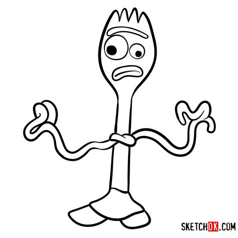 How to draw Forky from Toy Story 4 - Step by step drawing tutorials Forky Toy Story Drawing, Toy Story Easy Drawing, Toy Story Sketches Drawing, Toy Story Art Drawing, Easy Disney Characters To Draw, Toy Story Drawings Easy, Toy Story Doodles, Forky Drawing, Disney Characters Drawings Easy