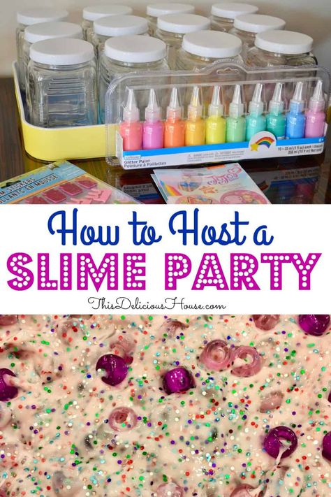 Host a fun SLIME PARTY with these easy tips and ideas. Recipe for nonstick fluffy slime included. #slimeparty #kidsbirthdayidea Slime Party Ideas, Slime Making Party, Slime Birthday Party, Fluffy Slime Recipe, Slime Birthday, Jojo Siwa Birthday, Slime Time, Trolls Birthday Party, Slime Party