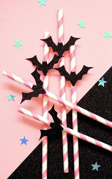 Pink Halloween Paper Straws| Black Glitter Bat Party Straws| Pink And Black Halloween Paper Straws Halloween Party Pink And Black, Pastel Goth Party Decor, Pink Black Halloween Decor, Black And Pink Halloween Baby Shower Ideas, Goth Barbie Party, Pink And Purple Halloween Party, Colorful Halloween Party, Girly Halloween Party Decorations, Black And Pink Halloween Decorations