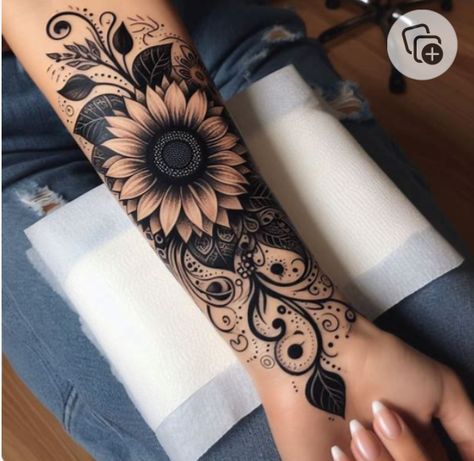 Tattoo Ideas With Sunflowers, Lace Arm Tattoos For Women, Black Feminine Tattoos, Forearm Tattoo Cover Up Women, Sunflower Forearm Tattoo Women, Tattoo On Buttocks For Women, Sunflower Arm Tattoos For Women, Forearm Tattoo Women Cover Up, Sunflower Sleeve Tattoos For Women