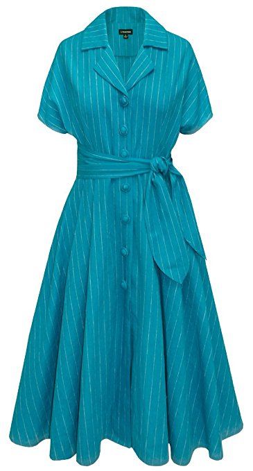 1940s Shirtwaist Dress History Pinstripe Button Dress $171.35 AT vintagedancer.com 1940s Fashion Dresses, Dress History, Shirtwaist Dress, Professional Wardrobe, Pinstripe Dress, 1940s Dresses, Long Dress Casual, 1940s Fashion, Fashion Design Clothes