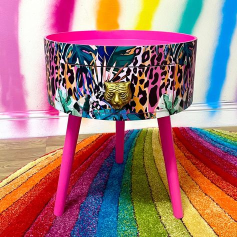 Fun bedroom accessories, quirky homeware, tiger side table Round Wooden Bedside Table, Hot Pink Furniture, Orange Leopard Print, Round Bedside, Bedside Table Round, Vibrant Living Room, Pink Furniture, Side Table With Drawer, Wooden Bedside Table