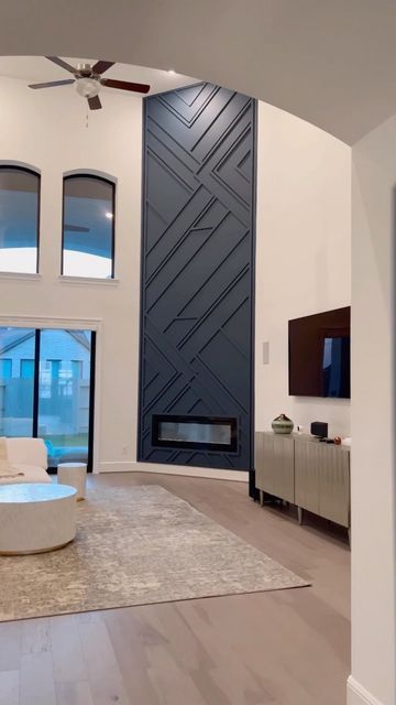 Wood Feature Wall With Fireplace, Fireplace Textured Wall, Accent Wall On Fireplace, Modern Floor To Ceiling Fireplace, Wood Accent Fireplace Wall, Accent Wall For Stairway, Accent Wall Over Fireplace, Geometric Fireplace Wall, Textured Fireplace Wall