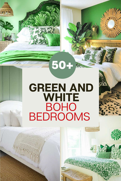 Create a serene escape with green and white boho bedrooms that blend earthy tones and soothing vibes. From lush greenery to cozy boho accents, find inspiration to transform your space into a calming retreat. Explore our gallery for more ideas! Light Green Bedroom Aesthetic, White Green Bedroom, Green White Bedroom, White Boho Bedroom, Green Boho Bedroom Ideas, Light Green Bedrooms, Green And White Bedroom, Boho Bedrooms, Cozy Boho