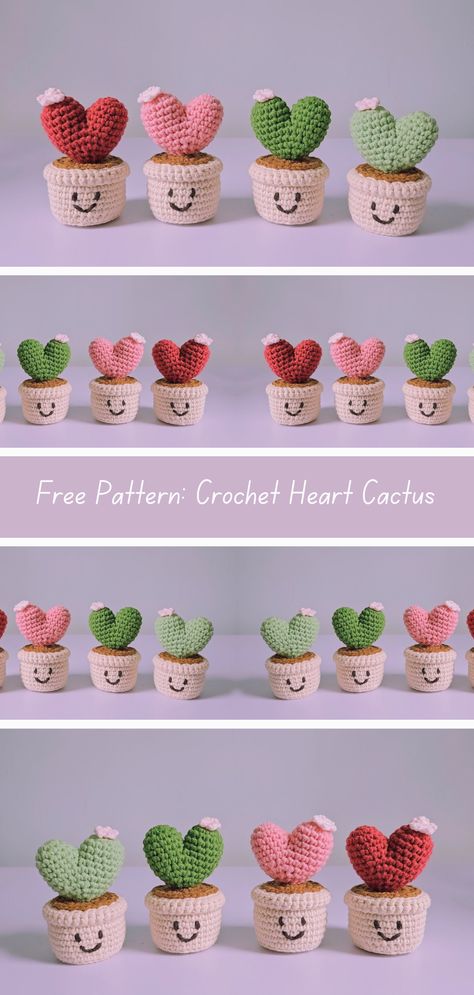 Unique and free crochet pattern for a heart-shaped cactus plant. Perfect for craft enthusiasts. Download now and cultivate creativity with this adorable project! Crochet Plant Amigurumi Free Pattern, Amigurumi Free Pattern Plant, Crochet Ideas Decor, Cute Green Crochet Ideas, Crochet Heart Plant, Crochet Cactus Flower, Crochet Pattern Plant, Amigurumi Cactus Free Pattern, Free Crochet Patterns Plants