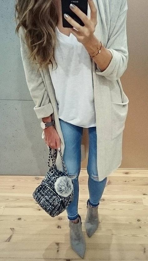 #fall #outfits · Grey Trench // White Top // Suede Ankle Boots // Ripped Jeans Outfits With Grey Boots Ankle, Gray Boots Outfit Ankle, Grey Boots Outfit, Boots Outfit Ankle, Booties Outfit, Grey Ankle Boots, Cozy Winter Outfits, Boating Outfit, Grey Booties