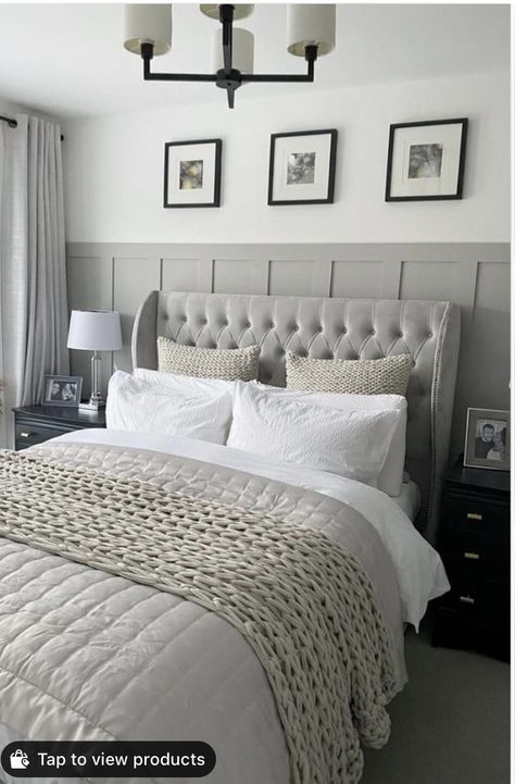 Bedroom With Grey Bed, Chalk Wall Paint, Grown Up Bedroom, Grey Bed, Feature Wall Bedroom, Neutral Bedroom Decor, Wardrobe Space, Sage Green Bedroom, Bedroom Renovation