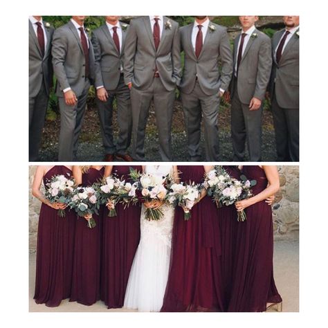 Dark Gray And Burgundy Wedding, Burgundy And Grey Wedding Theme, Gray Bridesmaid Dresses With Groomsmen, Burgundy Fall Wedding Colors, Burgandy Wedding Themes Fall, Groomsmen Attire Burgundy, Maroon And Grey Wedding, Maroon Bridal Party, Maroon Wedding Party