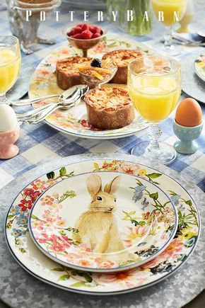 Everybody loves brunch! Set an Easter table to remember with linens and entertaining essentials that showcase the colors of the season. Unusual Centerpieces, Easter Dinnerware, Easter Snack, Tablescapes Ideas, Easter Plates, Easter Dishes, Bunny Plates, Tafel Decor, Easter Table Settings