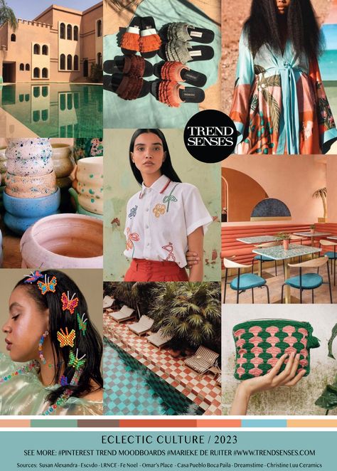 ECLECTIC CULTURE // 2023 – Trendsenses - Moodboard - Trend - Mood - Marieke de Ruiter - Trendmoodboard - Trendforecasting - - Sources: Susan Alexandra – Escvdo – LRNCE – Fe Noel – Omar’s Place – Casa Pueblo Boca Paila – Dreamstime – Christine Luu Ceramics - Our moodboards are free, feel free to support us. Trend Moodboard, Fashion Trending Moodboard, Fashion Trend Forecast, Trend Forecast, Trend 2023, Mood Colors, Look Plus Size, Color Trends Fashion, Fashion Forecasting