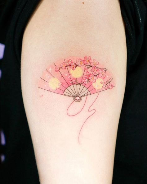 Tattoo by @rainbo_wooz on Instagram, who is based in Seoul, Korea. Korean Flowers Tattoo, Korean Fan Tattoo, Korean Theme Tattoo, Korean National Flower Tattoo, South Korean Tattoo Ideas, Colorful Korean Tattoo, Korea Tattoo, Korean Tattoo, Sunshine Tattoo