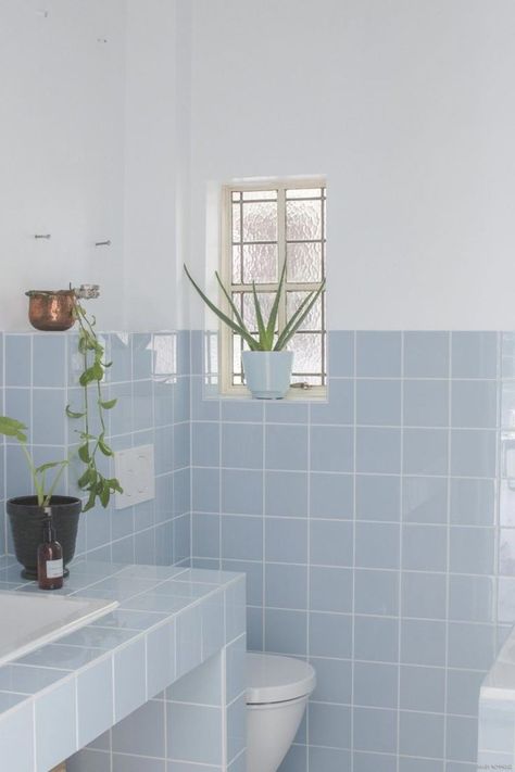 Square Tile Bathroom, Light Blue Tile, Bathroom Inspo Interior Design, Pastel Bathroom, Light Blue Bathroom, Green Tile Bathroom, Bathroom Ensuite, Baby Bathroom, Aesthetic Bathroom