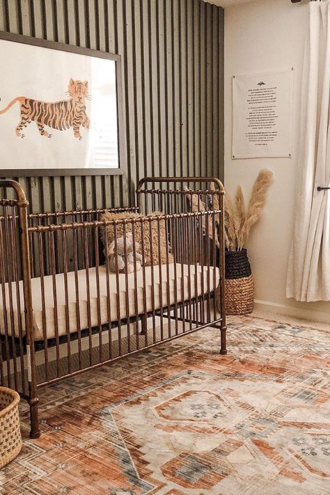 modern nursery ideas (5) Nurseries With Gold Cribs, Bold Gender Neutral Nursery, Gold Metal Crib Nursery, Dramatic Nursery, Gender Neutral Nursery Ideas Boho, Extravagant Nursery, Gold Crib Boy Nursery, Vintage Crib Nursery, Dark Crib Nursery