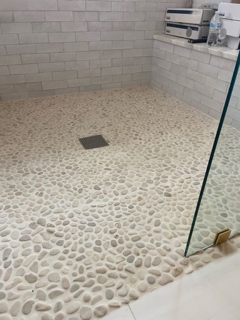 River Stone Shower Floor, River Stone Shower, River Rock Shower Floor, Rock Shower Floor, Stone Shower Floor, River Rock Shower, Rock Shower, Ibiza Vibes, Rock Floor