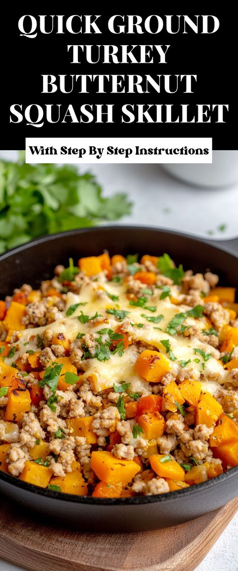 Image for Quick Ground Turkey Butternut Squash Skillet Meal Prep With Squash, Cast Iron Skillet Thanksgiving Recipes, Turkey Butternut Squash Skillet, Butternut Squash With Ground Turkey, Uses For Ground Turkey, Meal Prep Butternut Squash, Healthy Whole Food Dinner Recipes, Ground Turkey Butternut Squash Skillet, Ground Turkey And Squash Recipes