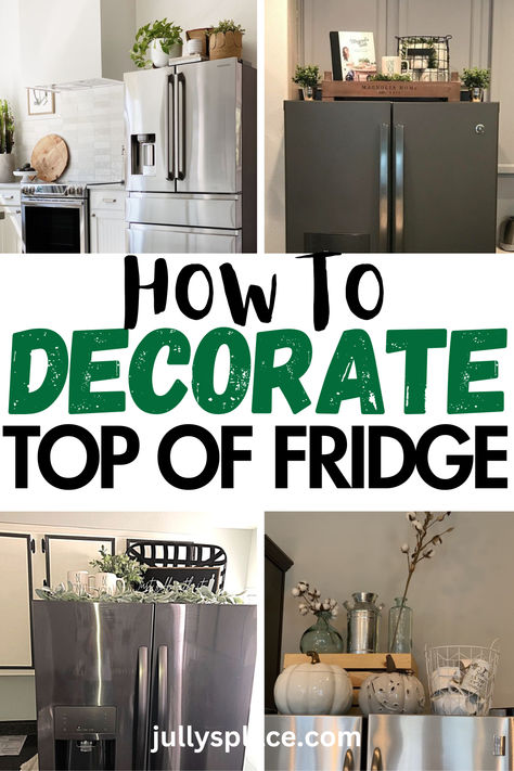 top of fridge decor ideas Decorations For Top Of Fridge, Farmhouse Refrigerator Decor, Ideas For On Top Of Fridge, Farmhouse Decor On Top Of Fridge, How To Style Top Of Refrigerator, Decorating Top Of Refrigerator Ideas Farmhouse, How To Decorate Above Refrigerator, Home Organization Fridge, Top Of Fridge Decor Ideas Boho