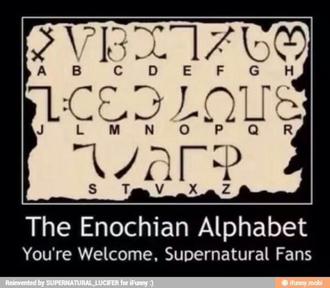 Supernatural Enochian Alphabet, Sam E Dean, Supernatural Wallpaper, Alfabet Letters, Supernatural Memes, Supernatural Fans, Odaiba, Supernatural Funny, True Blood