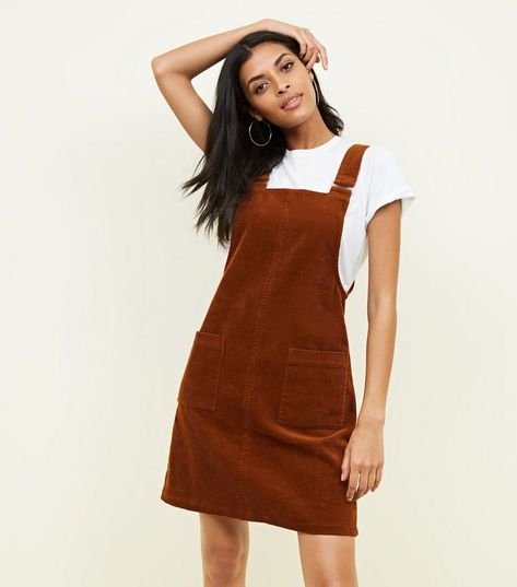 Corduroy Dress Outfit, Corduroy Pinafore Dress, Corduroy Overall, New Look Dresses, Corduroy Overall Dress, Dungaree Dress, Cottagecore Style, Rust Dress, Corduroy Dress