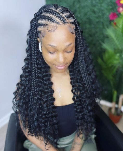 Hairbyericalatrice on IG Hairstyles Plaits Black, Hair Plaiting Ideas, Cute Hairstyles For Birthday Braids, Cornrow Ideas With Curls, Top Half Braided Hairstyles, Corn Rows And Box Braids Hairstyles, Back To School Cornrow Hairstyles, Cute Birthday Hairstyles Braids, Braided Hairstyles For Graduation