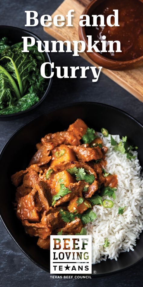 A spicy coconut beef and pumpkin curry that tastes like Fall. Pumpkin Curry, Beef Curry, Coconut Recipes, Coconut Curry, Indian Cooking, Beef Dishes, Curry Chicken, Curry Recipes, Pumpkin Recipes