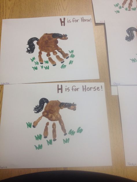 H is for horse handprint craft! Hand Print Horse, Derby Crafts For Toddlers, Horse Handprint Craft, Wild West Crafts For Infants, Preschool Horse Art, Wild West Art For Toddlers, Horse Handprint Art, H Is For Horse Craft, Horse Crafts For Preschoolers