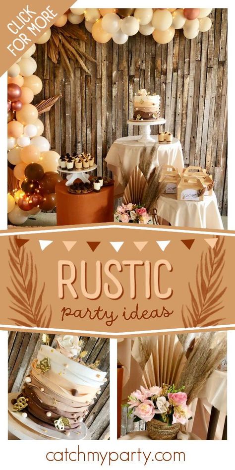 Don't miss this gorgeous rustic birthday party! The birthday cake is adorable! See more party ideas and share yours at CatchMyParty.com Rustic Theme Birthday Party, Diy Rustic Birthday Party Decor, Western Chic Birthday Party, Chic Western Party, Rustic Grad Party Ideas, Vintage Birthday Party Theme, Rustic Birthday Party, Rustic Birthday Party Ideas For Women, Boho Western Party