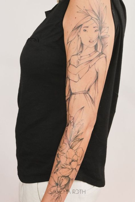 Pocahontas Sleeve Tattoo - Sascha Roth | tattoo ideas by  Harrison Starks Pocahontas Sleeve Tattoo, Pochantas Tattoo Pocahontas, Pocahontas Tattoo Ideas, Peony Sleeve, Racoon Tattoo, Tattoo Frau, Art Tattoo Ideas, Witchy Tattoos, Tattoos 2023