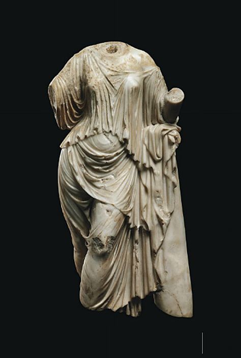 A ROMAN MARBLE APHRODITE   CIRCA 1ST-2ND CENTURY A.D.   Leaning with her left arm bent, her elbow resting atop a pillar, her right arm outstretched, her left leg crossed in front of her right, her drapery falling in heavy folds  16½ in. (42 cm.) high Ancient Goddesses, Antique Sculpture, Rome Antique, Ancient Statues, Roman Sculpture, Greek And Roman Mythology, Greek Sculpture, Ancient Sculpture, Roman Art