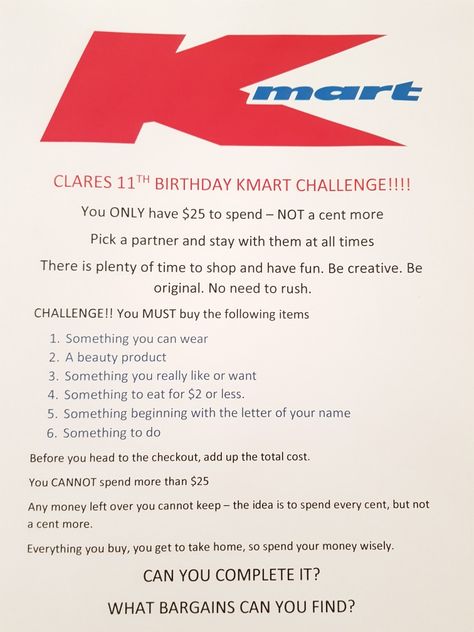 Mall Challenge Ideas, Kmart Party Challenge, Kmart Birthday Scavenger Hunt, Kmart Birthday Party Challenge, Kmart Birthday Party Ideas, Kmart Challenge Party, Kmart Challenge, Kmart Party, Shopping Scavenger Hunt