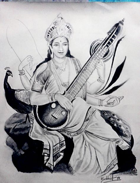 Here the realistic sketch of Saraswati Ma wonderfully sketched by Subhojit Mondal Art. Saraswati Pencil Sketch, Saraswati Goddess Paintings Sketch, Maa Saraswati Drawing, Saraswati Drawing, Ma Saraswati, Teenage Drawings, Saraswati Painting, Maa Tattoo, Goddess Painting