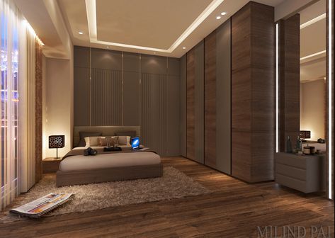 This bedroom has a seductive pallet of grey on natural brown with the correct mix of textures. The wardrobes give the space, a clean n straight look, making the room spacious, visually. Interest is further created with indirect lighting with focus on the texture panel behind the bed. #DesignAWayOfLife #MilindPaiDesigns #architect #interiordesigner Brown Wardrobe Bedroom, Cupboard Design Modern, Cupboard Ideas Bedroom, Brown Cupboards, Brown Hotel, Bedroom Brown, Brown Rooms, Warm Bedroom, Brown Bed