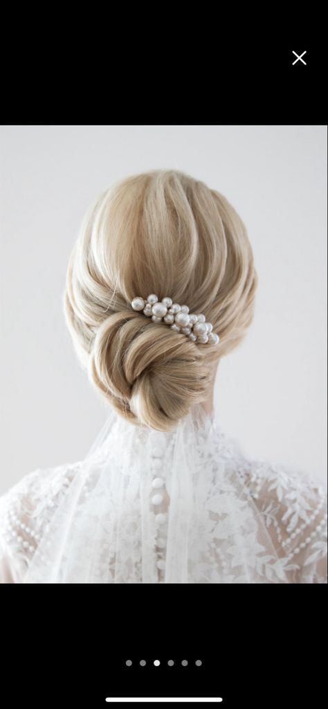 Wedding Bun With Hair Piece, Pearl Bride Hair, Wedding Bun With Pearls, Wedding Updo With Pearls, Pearls In Hair Wedding, Bridal Updo With Headpiece, Bun Hairstyles For Bridesmaids, Pearl Bun, Bride Bun