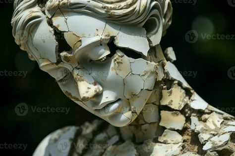 Historical Broken greek statue. Generate Ai Blighted Druid, Broken Greek Statue, Cracked Statue, Broken Sculpture, Historical Statues, Roman Statue, Forearm Sleeve, Greek Statues, Texture Drawing