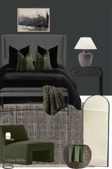 Dark and moody bedroom featuring charcoal, black, and green tones throughout Bedroom Decor Ideas Dark, Adult Male Bedroom Ideas, Grey Green Bedrooms, Young Mans Bedroom, Grey Headboard Bedroom, Charcoal Bedroom, Masculine Bedroom Decor, Olive Green Bedrooms, Black And Grey Bedroom