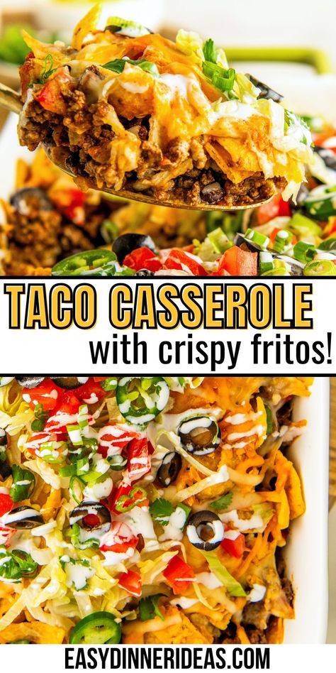 This easy taco casserole with Fritos is a layered Tex-Mex fiesta ready in just 30 minutes. With layers of seasoned ground beef, two kinds of beans, corn, melty cheese, and lots of crunchy Fritos, this casserole is an easy dinner idea that is sure to be a hit! Taco Casserole Fritos, Taco Casserole With Fritos, Casserole With Fritos, Taco Casserole Recipes, Frito Casserole, Frito Recipe, Easy Taco Casserole, College Meal, Mexican Casserole