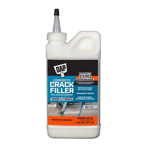 DAP Concrete Crack Filler is a one-of-a-kind, water activated dry powder that creates a seamless repair in one-pass. Ready-to-use; no shaking or mixing required. Once applied & dampened it hardens to permanently fill & repair cracks. Resists UV fading, cracking & shrinking. The low dust, easy to pour formula effectively fills horizontal cracks for a fast & easy repair. To use, prep surface, fill crack, level & mist. Use as is. DO NOT mix with other products. Interior/exterior use. DAP 1.62-lb Mo Repair Cracked Concrete, Mortar Repair, Basement Repair, Concrete Repair Products, Driveway Sealer, Mounting Putty, Garage Remodel, Home Fix, Construction Adhesive