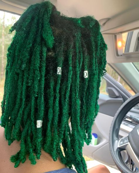 Dyed Locs Green, Green And Blonde Locs, Green Soft Locs, Green Locs Men, Green Butterfly Locs, Split Dyed Locs, Green Faux Locs, Dark Green Locs, Green Locs Black Women