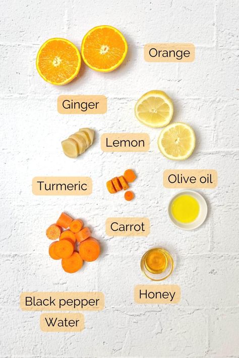 A flat lay of wellness shot ingredients including ginger turmeric orange honey carrot and olive oil. Ginger Shot Recipe, Lemon Shots, Honey Carrots, Turmeric Shots, Healthy Nutrition Plan, Ginger Shot, Wellness Shots, Ginger Benefits, Lemon Olive Oil