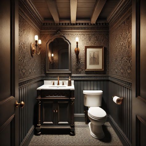 Dark Academia Restroom, Victorian Half Bath, Dark Victorian Bathroom, Dark Vintage Bathroom, Dark Academia Bathroom, Moody Powder Room, Victorian Bathroom, Bathroom Design Decor, Bathroom Remodel Shower