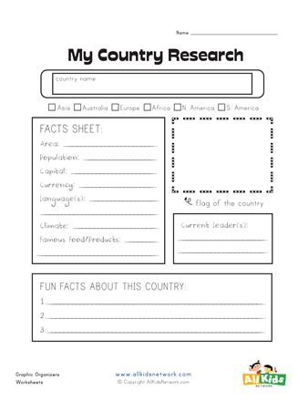 Country Worksheet, Research Graphic Organizer, Research Worksheet, Free Graphic Organizers, Graphic Organizer Template, Country Report, Geography Activities, Country Studies, Teaching Geography