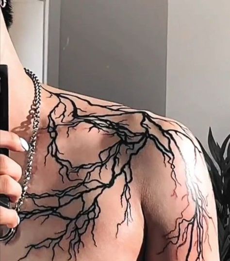 Crazy Tattoos For Women, Cute Tattoos For Men Simple, Intimidating Tattoos For Men, Lightning Tattoo On Back, Unique Chest Tattoo Men Ideas, Men’s Peck Tattoos, Lightning Collarbone Tattoo, Lighting Design Tattoo, Chidori Tattoo