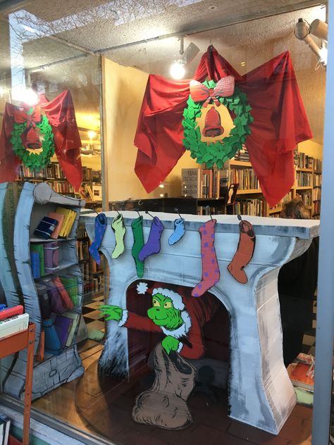 The Grinch Window Display, Diy Grinch Sleigh, School Christmas Window Display, Whoville Window Display, Grinch Store Window Display, Preschool Christmas Window Display, Grinch Window Display, Grinch Fireplace, Grinch Lair