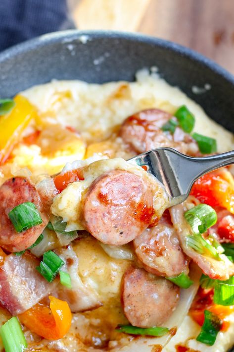 Cheesy Grits And Sausage, Grits With Sausage, Grits And Smoked Sausage, Recipes Using Grits Dinners, Grits Dinner Meals, Savory Grits Dinners, Kielbasa And Grits, Meals With Grits Dinners, Grits And Sausage